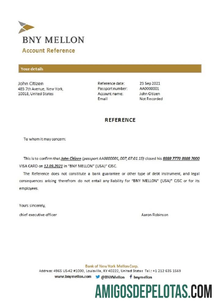 Referência de fechamento do BNY Mellon dos EUA modelo